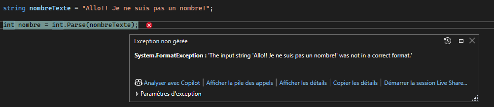 Exemple d&#39;une exception