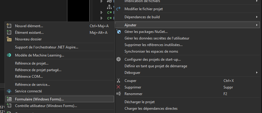 Ajouter une fenêtre clique droit souris sur projet, Ajouter..., Formulaire (Windows Form)