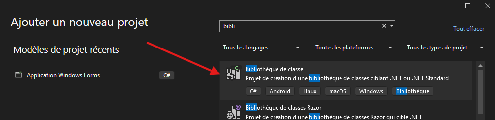 Ajouter un nouveau projet Bibliothèque de classe