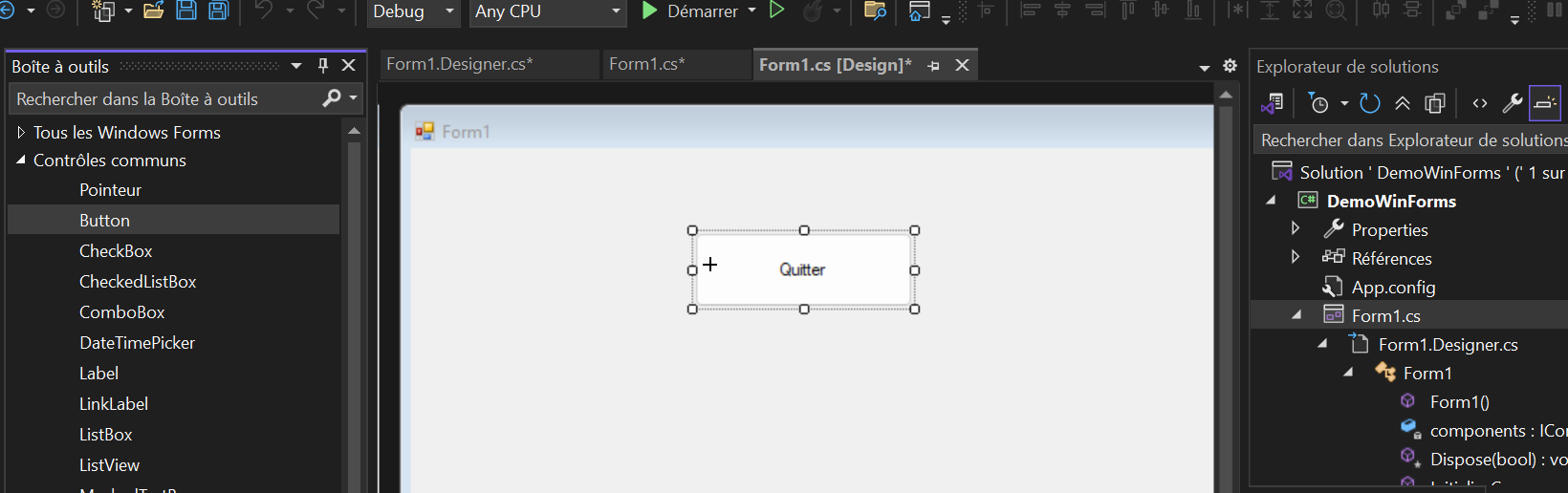 Insertion d'un bouton "Quitter" dans la fenêtre principale