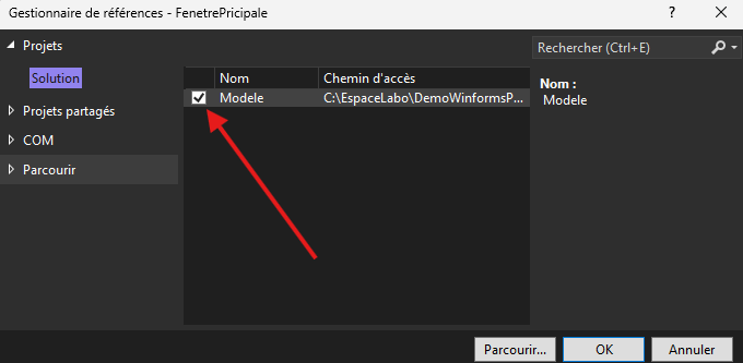 Cochez la bibliothèque que l'on vient de créer