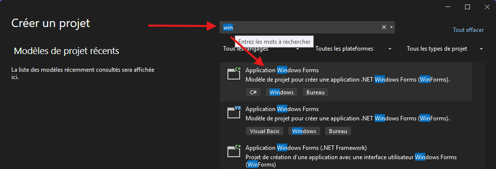 Création d'un projet Application Windows Forms