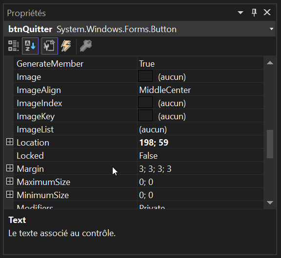 La fenêtre de propriété d'un contrôle