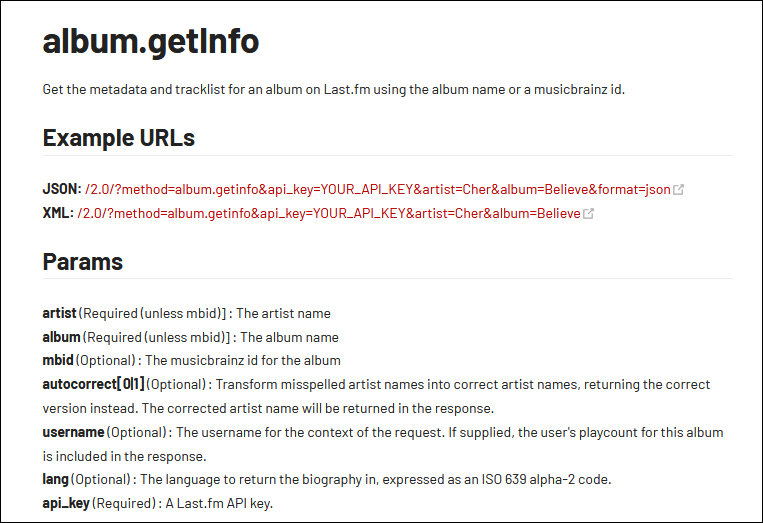 Documentation pour la requête album.getInfo