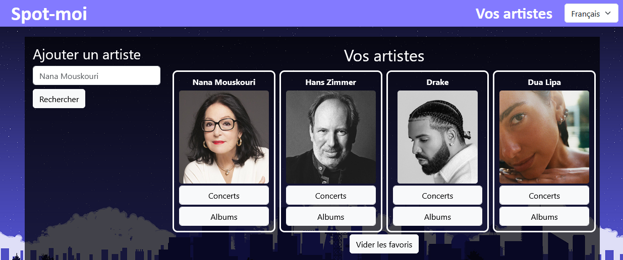 Page d'accueil et page des artistes