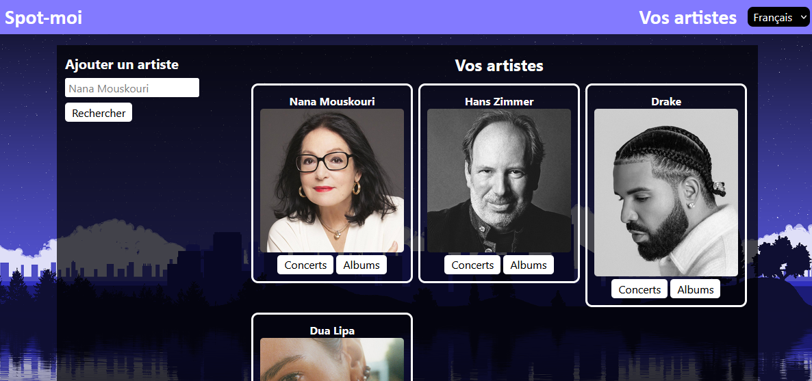 Page d'accueil et page des artistes