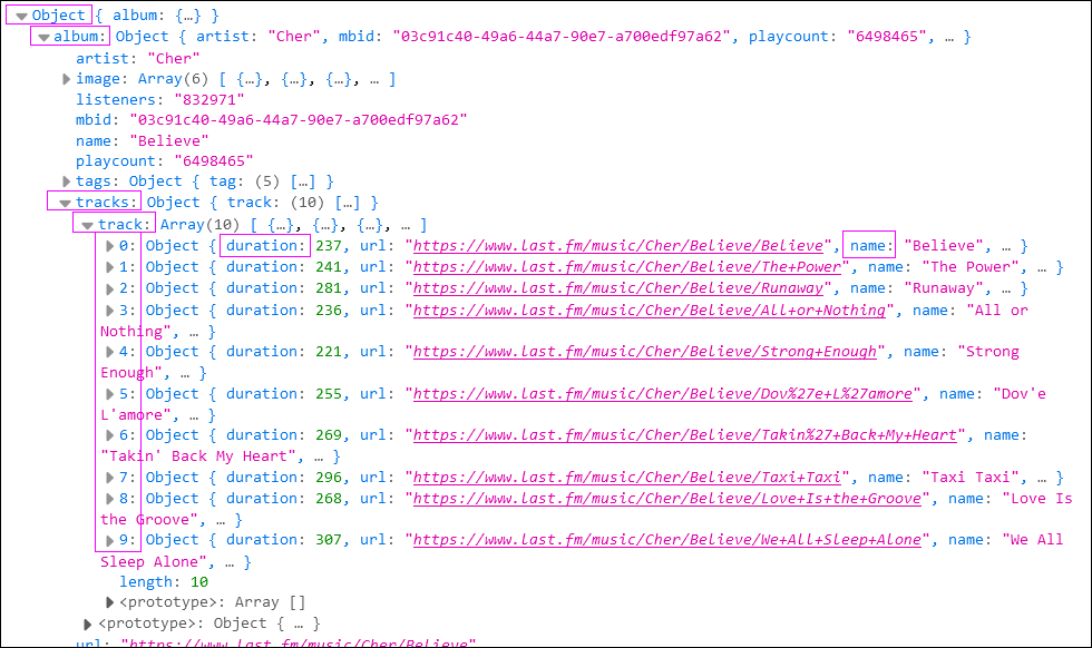 Affichage de l'objet JSON
