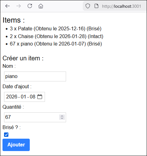 Affichage d'une liste avec formulaire