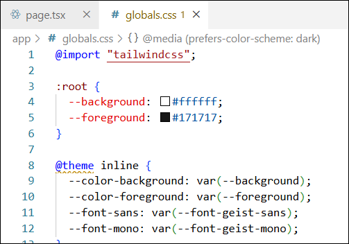 Extrait du code dans globals.css