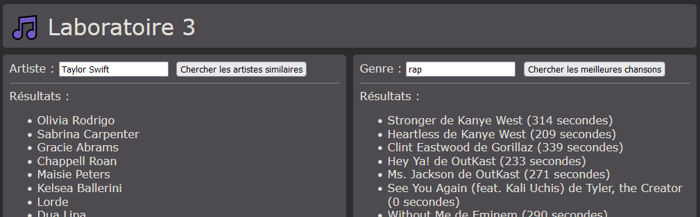 Page Web lors de requêtes réussies