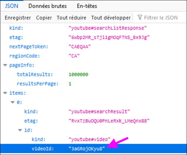 Résultat JSON de la requête YouTube
