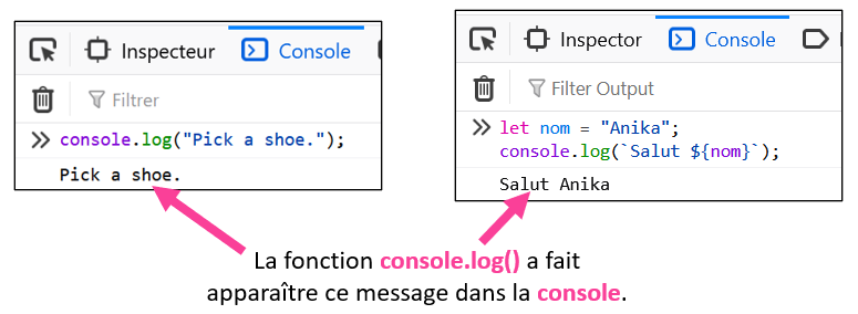 Message dans la console
