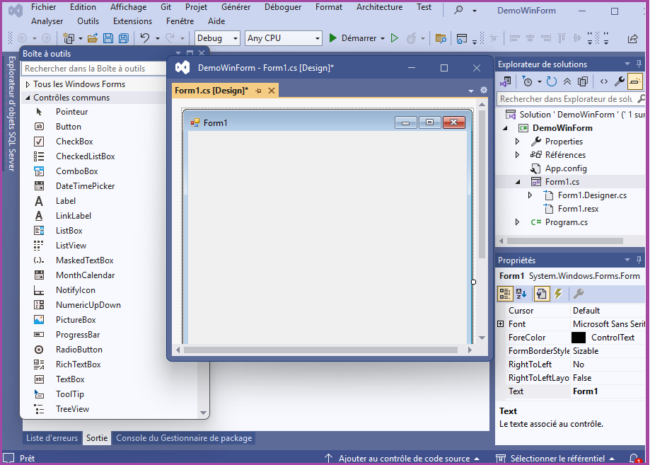 Démo des fenêtres [design] de winform ouverte, propriété (f4) et Boîte à outils (Ctl + alt + x).