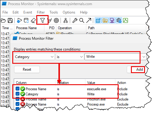 Procmon: ajout filtre