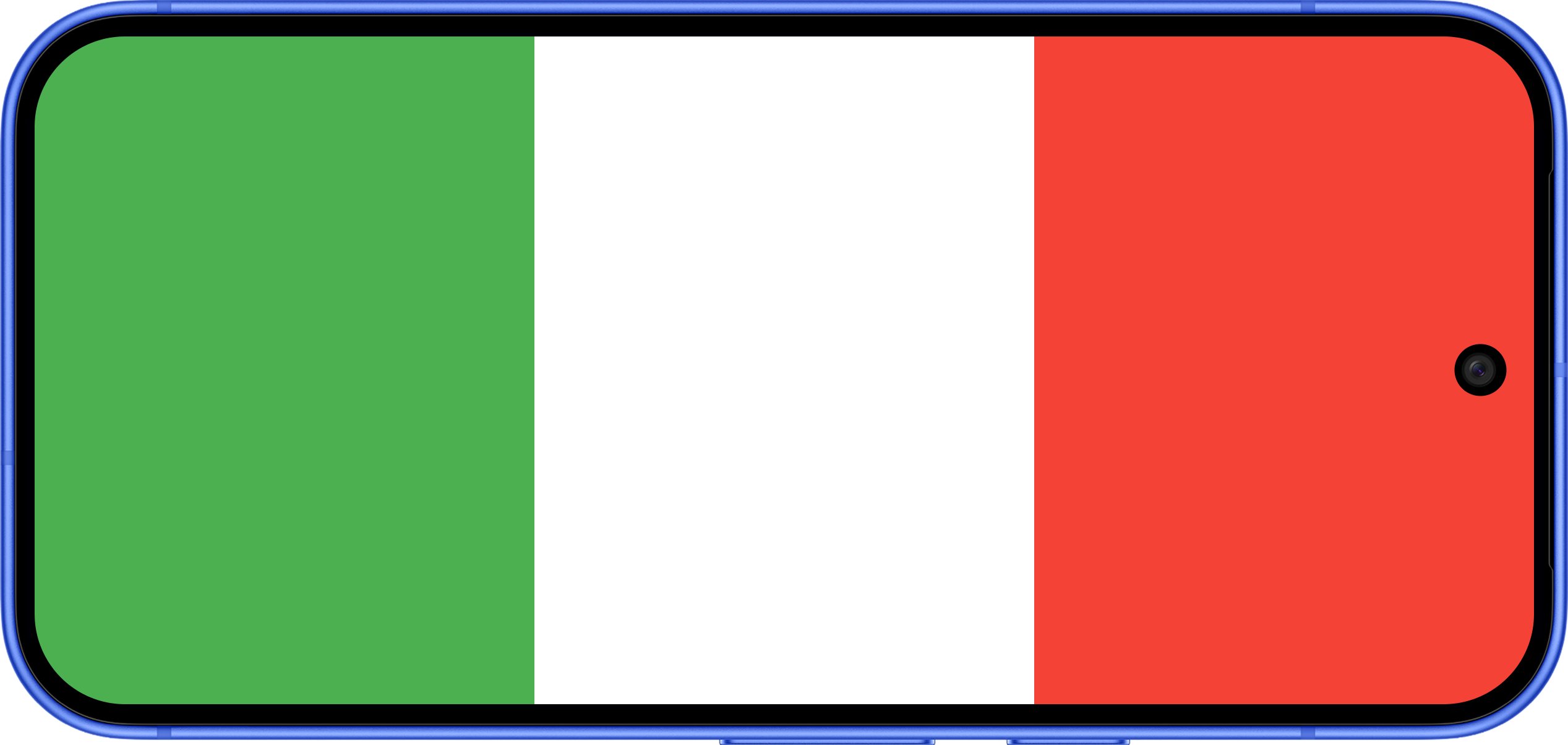 Application mobile affichant le drapeau de l'Italie. L'écran au format paysage est divisé en trois bandes horizontales de largeur parfaitement égale : verte à gauche, blanche au centre, et rouge à droite. Les couleurs s'étendent de tout en haut jusqu'à tout en bas de l'écran, sans aucune marge.