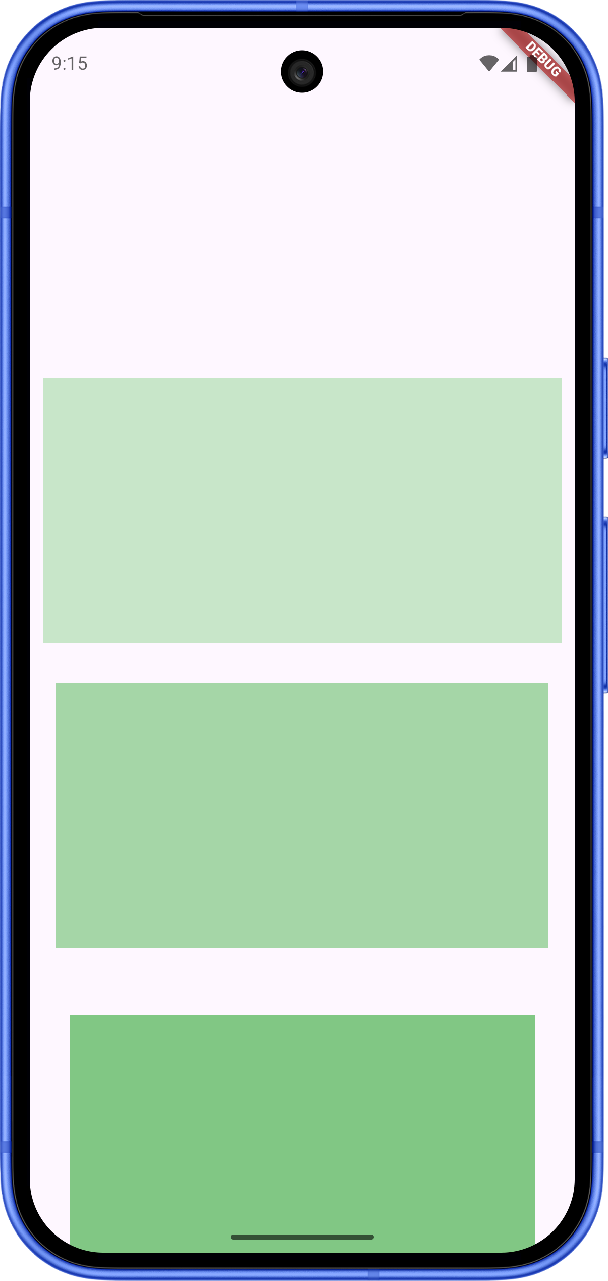 Résultat attendu au haut de l'application. Sur un fond blanc, on perçoit le début d'une liste verticale. Le premier bloc est vert très pâle et occupe toute la largeur de l'écran, illustrant un espacement (padding) de 0. Le deuxième bloc, juste en dessous, est d'un vert légèrement plus foncé et est entouré d'une petite marge blanche de tous les côtés. Le troisième bloc est encore plus foncé avec une marge blanche plus grande. Cette augmentation progressive de la marge donne l'impression que la largeur des blocs verts r étrécit au fur et à mesure de la descente.