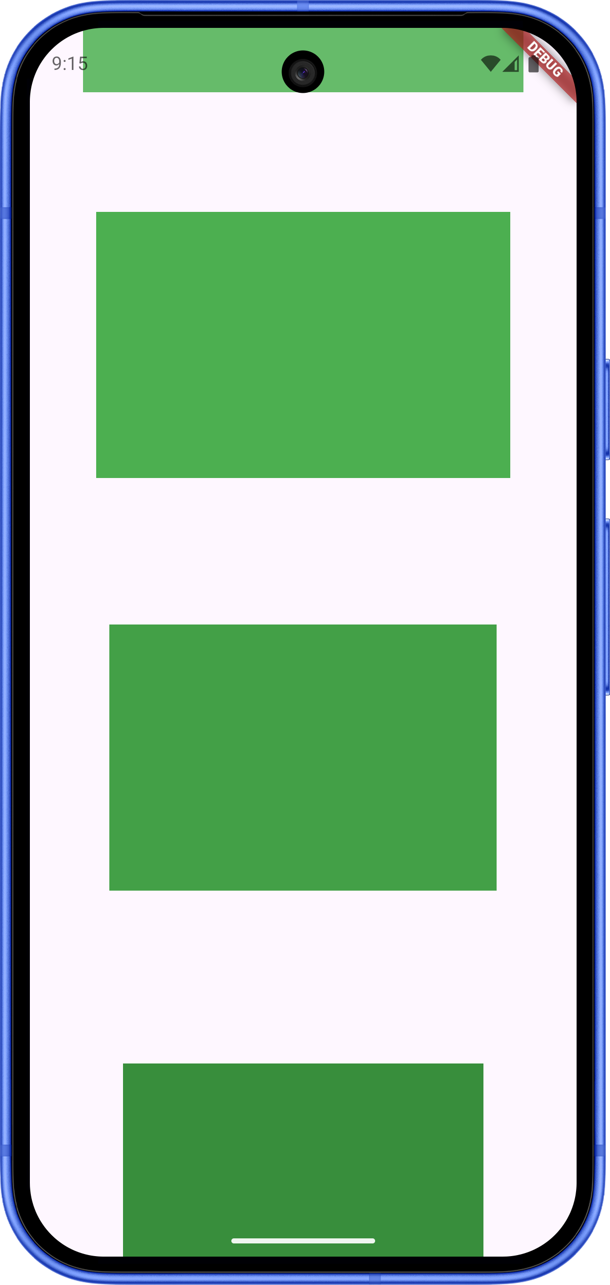 Résultat attendu plus bas dans la liste, illustrant la progression de l'interface après un défilement. Les trois blocs visibles sont maintenant d'un vert nettement plus foncé. La marge blanche (padding) qui les entoure est devenue très importante, ce qui comprime considérablement les blocs verts au centre de l'écran. Cela confirme la logique mathématique de l'exercice : l'espacement continue de s'agrandir à chaque nouveau bloc, créant un effet visuel d'entonnoir.