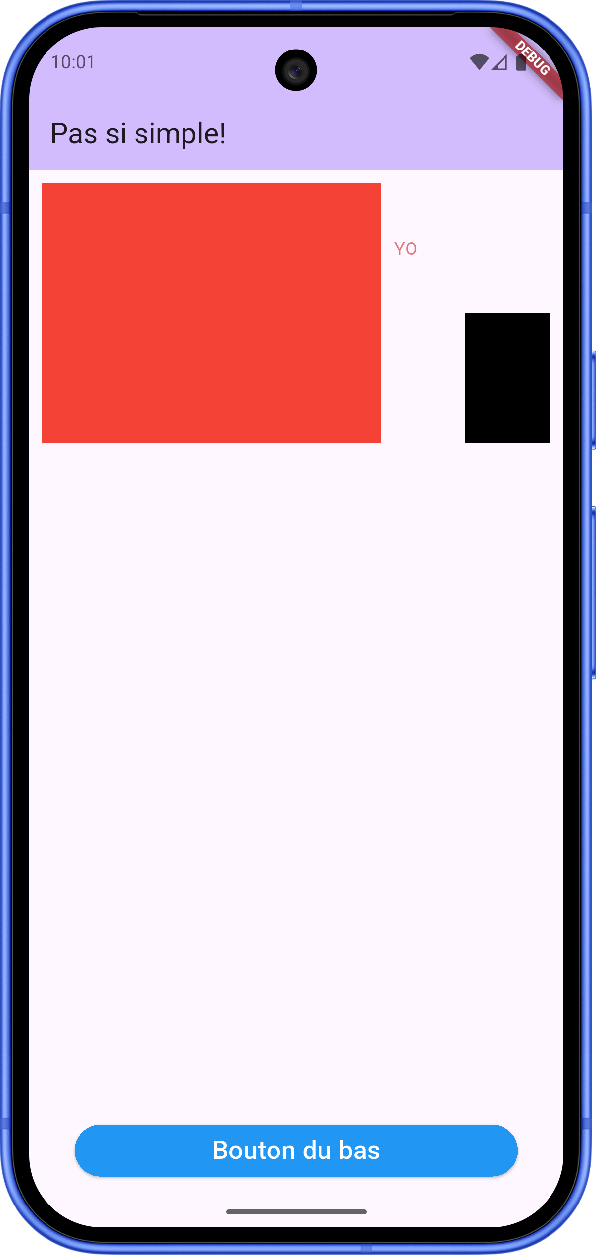 Application mobile dont l'écran est organisé avec des éléments collés au sommet et à la base de l'écran. Dans la partie supérieure, l'espace est divisé horizontalement : à gauche, un grand rectangle rouge occupe les deux tiers de la largeur de l'écran. À sa droite, dans le tiers restant, on trouve le texte 'YO' empilé au-dessus d'un carré noir. Le grand espace central de l'écran est entièrement vide, ce qui a pour effet de repousser un large bouton bleu nommé 'Bouton du bas' à l'extrémité inférieure de l'interface, juste au-dessus de la bordure du téléphone.