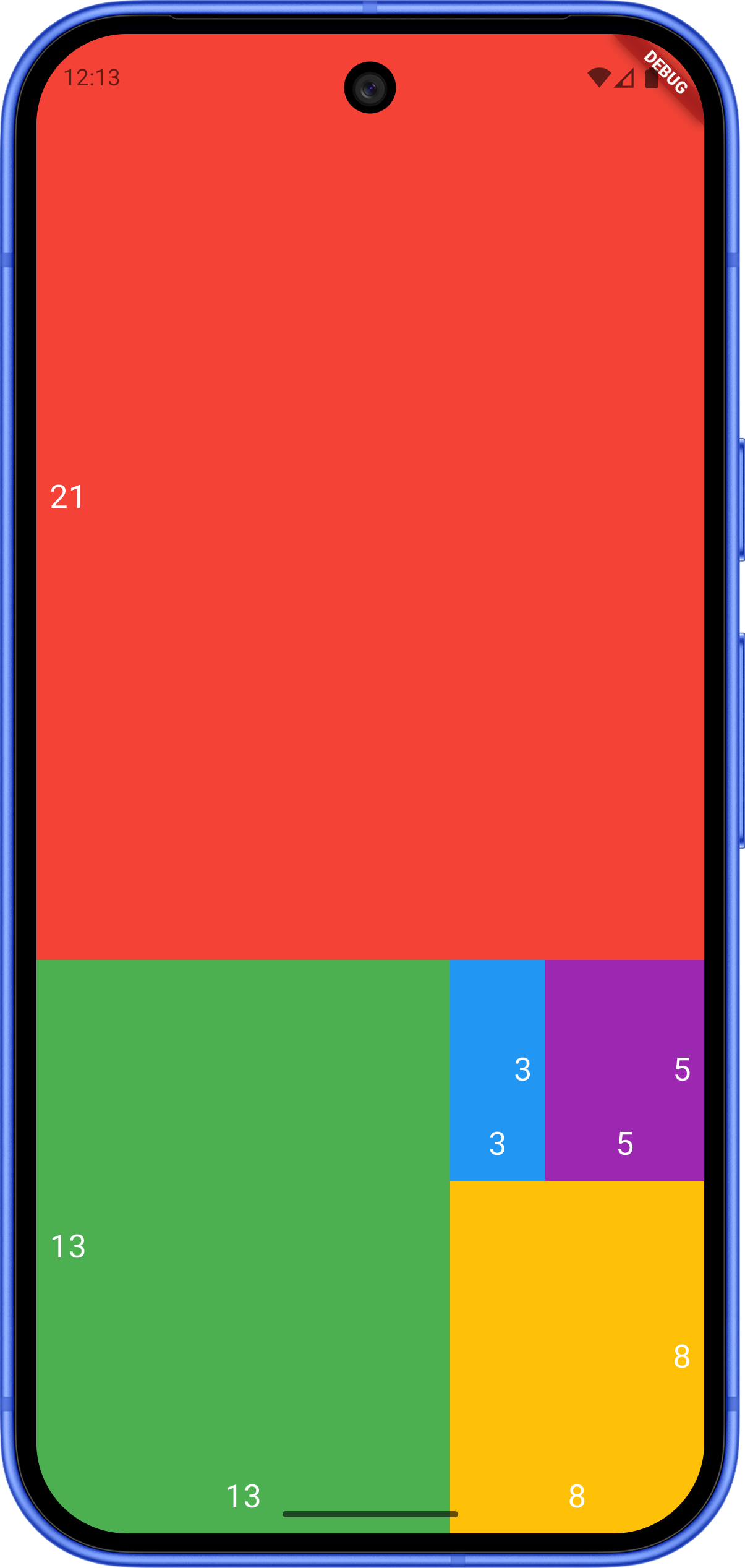 Application divisée en plusieurs rectangles de couleurs différentes, illustrant une spirale de Fibonacci grâce à des ratios d'espace.
L'écran est d'abord divisé verticalement (Column) : En haut, un grand rectangle rouge occupe une proportion de 21. En bas, un bloc occupant une proportion de 13 contient le reste de l'interface. Ce bloc du bas est divisé horizontalement (Row) : À gauche, un rectangle vert occupe une proportion de 13. À droite, un bloc avec une proportion de 8 contient le reste. Ce nouveau bloc à droite est divisé verticalement (Column) : En bas, un rectangle jaune occupe une proportion de 8. En haut, un bloc avec une proportion de 5 contient le reste. Ce bloc en haut est divisé horizontalement (Row) : À droite, un rectangle violet occupe une proportion de 5. À gauche, un rectangle bleu final occupe une proportion de 3.
