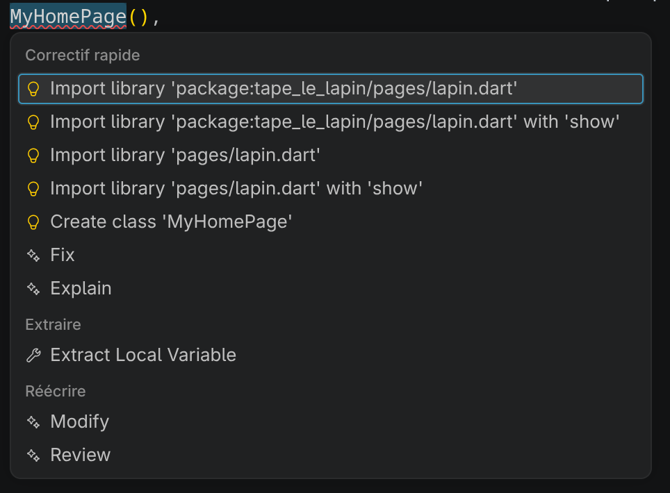 Menu Correctif Rapide pour importer le widget créé. L'option Import library 'package/lapin.dart' est sélectionnée