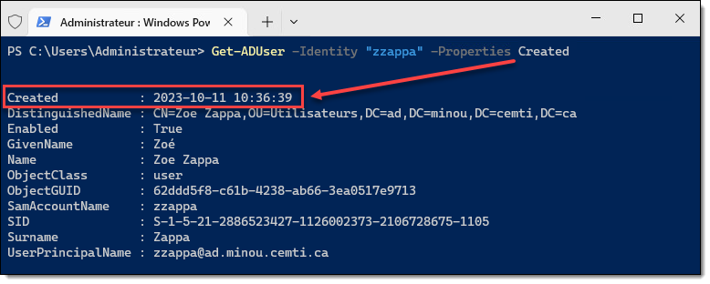 Get-ADUser -Identity &quot;zzappa&quot; -Properties Created