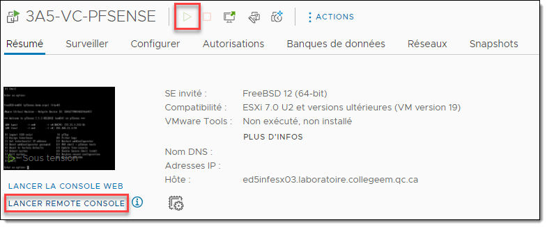 Exécution de la VM pfSense